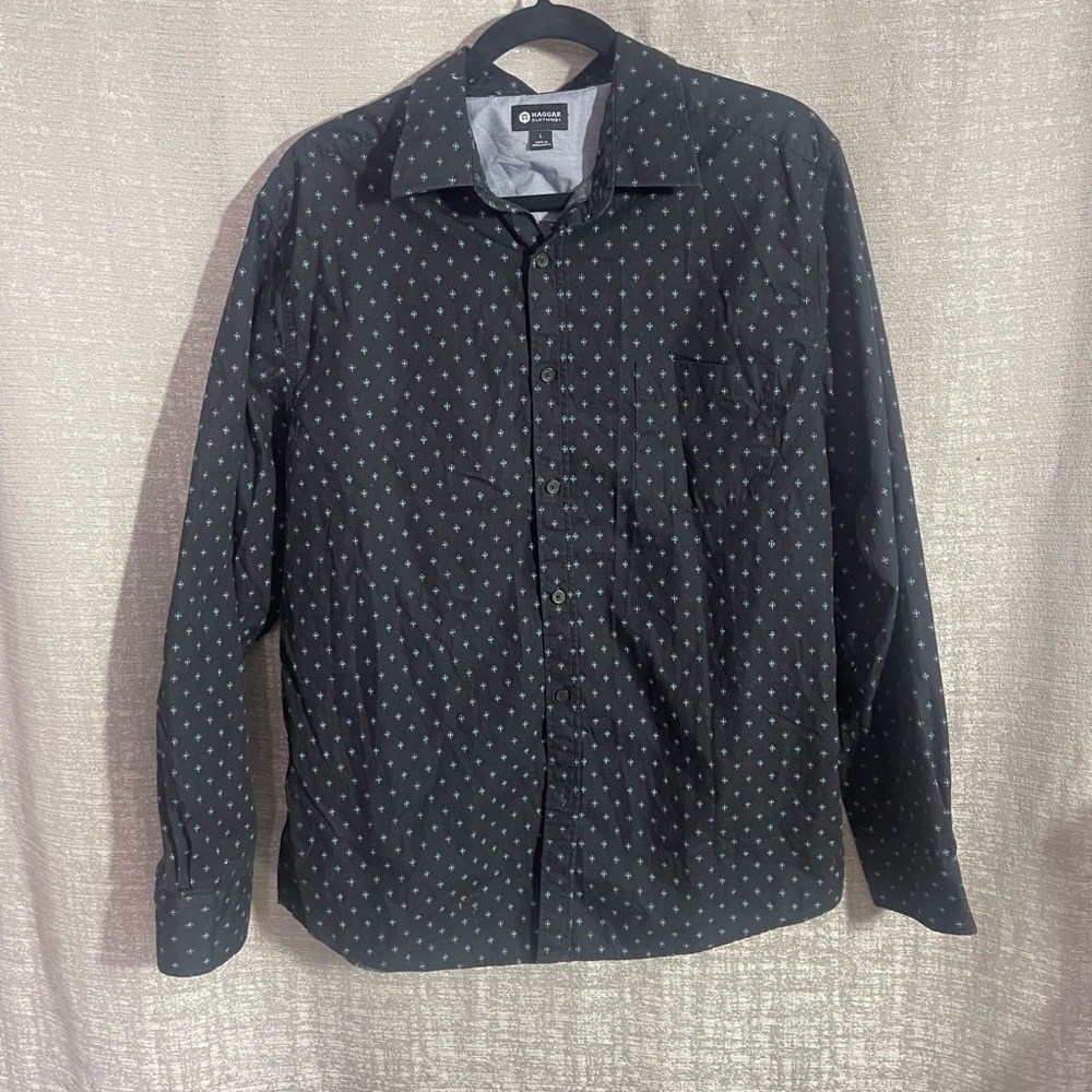 Haggar Black Casual Button Down Shirt with Polka Dot Pattern